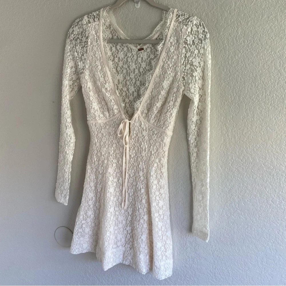 NEW Free People Petra Mini Dress Lace Long Sleeve Mini Dress Ivory